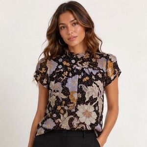 Christian Siriano Blouse Medium Black Multi Floral Paisley Metallic Cap Sleeve